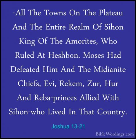 Joshua 13-21 - -All The Towns On The Plateau And The Entire Realm-All The Towns On The Plateau And The Entire Realm Of Sihon King Of The Amorites, Who Ruled At Heshbon. Moses Had Defeated Him And The Midianite Chiefs, Evi, Rekem, Zur, Hur And Reba-princes Allied With Sihon-who Lived In That Country. 