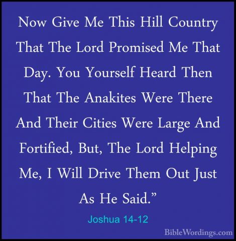 Joshua 14-12 - Now Give Me This Hill Country That The Lord PromisNow Give Me This Hill Country That The Lord Promised Me That Day. You Yourself Heard Then That The Anakites Were There And Their Cities Were Large And Fortified, But, The Lord Helping Me, I Will Drive Them Out Just As He Said." 
