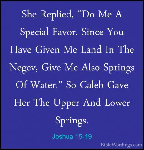 Joshua 15-19 - She Replied, "Do Me A Special Favor. Since You HavShe Replied, "Do Me A Special Favor. Since You Have Given Me Land In The Negev, Give Me Also Springs Of Water." So Caleb Gave Her The Upper And Lower Springs. 