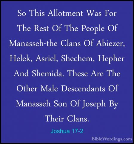 Joshua 17-2 - So This Allotment Was For The Rest Of The People OfSo This Allotment Was For The Rest Of The People Of Manasseh-the Clans Of Abiezer, Helek, Asriel, Shechem, Hepher And Shemida. These Are The Other Male Descendants Of Manasseh Son Of Joseph By Their Clans. 