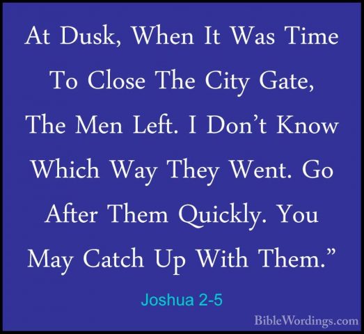 Joshua 2-5 - At Dusk, When It Was Time To Close The City Gate, ThAt Dusk, When It Was Time To Close The City Gate, The Men Left. I Don't Know Which Way They Went. Go After Them Quickly. You May Catch Up With Them." 