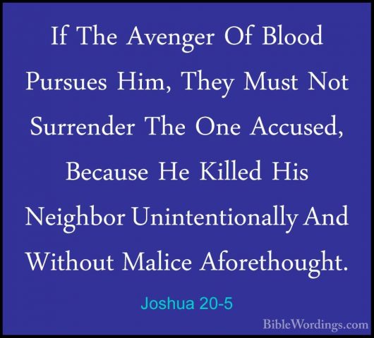Joshua 20-5 - If The Avenger Of Blood Pursues Him, They Must NotIf The Avenger Of Blood Pursues Him, They Must Not Surrender The One Accused, Because He Killed His Neighbor Unintentionally And Without Malice Aforethought. 