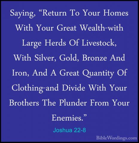 Joshua 22-8 - Saying, "Return To Your Homes With Your Great WealtSaying, "Return To Your Homes With Your Great Wealth-with Large Herds Of Livestock, With Silver, Gold, Bronze And Iron, And A Great Quantity Of Clothing-and Divide With Your Brothers The Plunder From Your Enemies." 