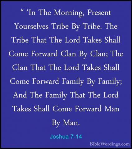 Joshua 7-14 - " 'In The Morning, Present Yourselves Tribe By Trib" 'In The Morning, Present Yourselves Tribe By Tribe. The Tribe That The Lord Takes Shall Come Forward Clan By Clan; The Clan That The Lord Takes Shall Come Forward Family By Family; And The Family That The Lord Takes Shall Come Forward Man By Man. 