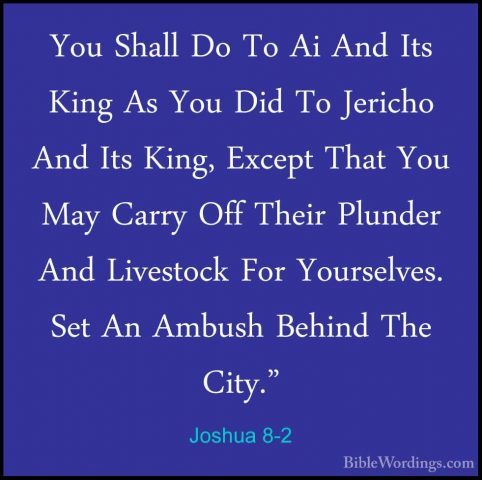 Joshua 8-2 - You Shall Do To Ai And Its King As You Did To JerichYou Shall Do To Ai And Its King As You Did To Jericho And Its King, Except That You May Carry Off Their Plunder And Livestock For Yourselves. Set An Ambush Behind The City." 