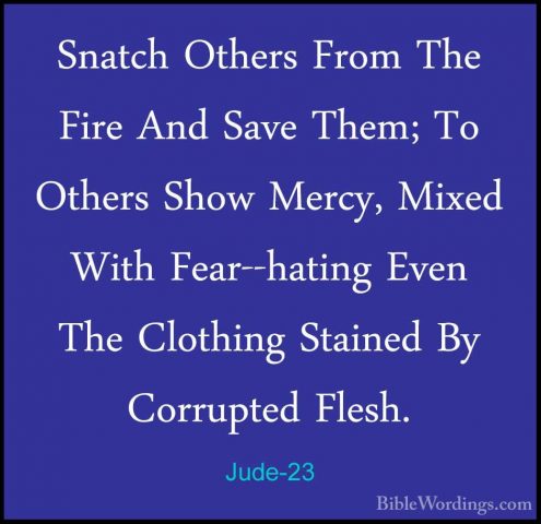 Jude-23 - Snatch Others From The Fire And Save Them; To Others ShSnatch Others From The Fire And Save Them; To Others Show Mercy, Mixed With Fear--hating Even The Clothing Stained By Corrupted Flesh. 