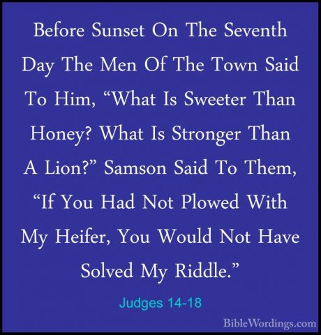 Judges 14-18 - Before Sunset On The Seventh Day The Men Of The ToBefore Sunset On The Seventh Day The Men Of The Town Said To Him, "What Is Sweeter Than Honey? What Is Stronger Than A Lion?" Samson Said To Them, "If You Had Not Plowed With My Heifer, You Would Not Have Solved My Riddle." 