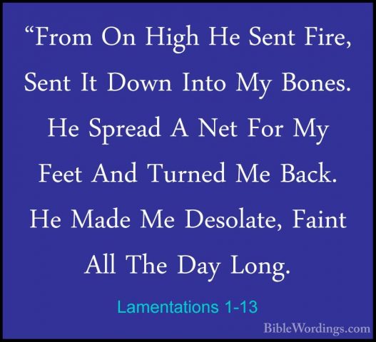 Lamentations 1-13 - "From On High He Sent Fire, Sent It Down Into"From On High He Sent Fire, Sent It Down Into My Bones. He Spread A Net For My Feet And Turned Me Back. He Made Me Desolate, Faint All The Day Long. 