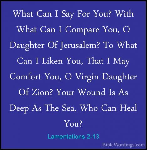 Lamentations 2-13 - What Can I Say For You? With What Can I CompaWhat Can I Say For You? With What Can I Compare You, O Daughter Of Jerusalem? To What Can I Liken You, That I May Comfort You, O Virgin Daughter Of Zion? Your Wound Is As Deep As The Sea. Who Can Heal You? 