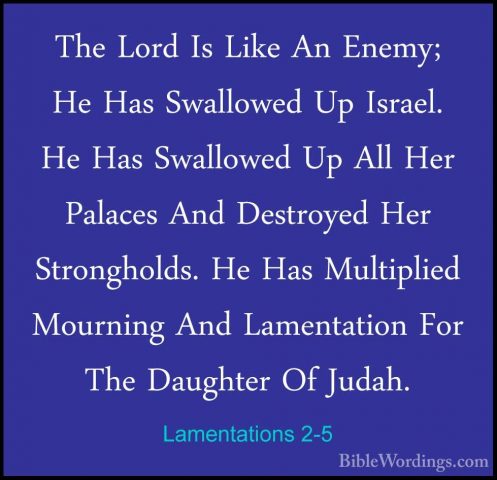 Lamentations 2-5 - The Lord Is Like An Enemy; He Has Swallowed UpThe Lord Is Like An Enemy; He Has Swallowed Up Israel. He Has Swallowed Up All Her Palaces And Destroyed Her Strongholds. He Has Multiplied Mourning And Lamentation For The Daughter Of Judah. 