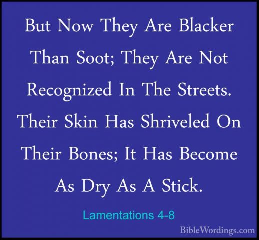 Lamentations 4-8 - But Now They Are Blacker Than Soot; They Are NBut Now They Are Blacker Than Soot; They Are Not Recognized In The Streets. Their Skin Has Shriveled On Their Bones; It Has Become As Dry As A Stick. 