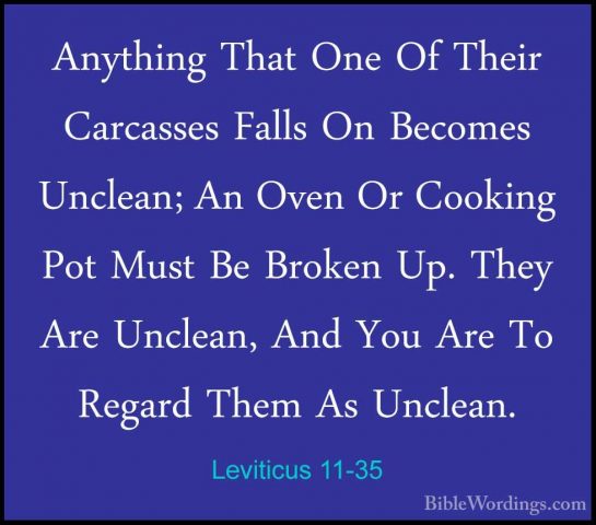 Leviticus 11-35 - Anything That One Of Their Carcasses Falls On BAnything That One Of Their Carcasses Falls On Becomes Unclean; An Oven Or Cooking Pot Must Be Broken Up. They Are Unclean, And You Are To Regard Them As Unclean. 