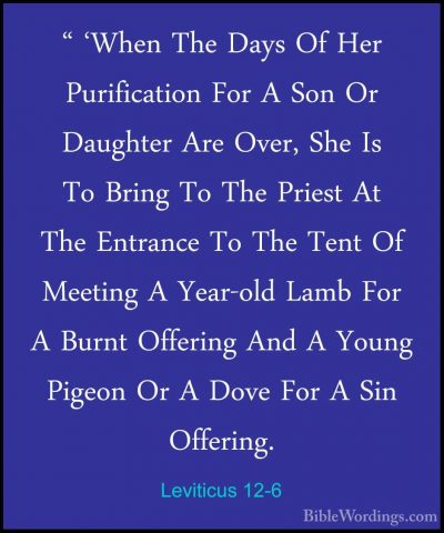 Leviticus 12-6 - " 'When The Days Of Her Purification For A Son O" 'When The Days Of Her Purification For A Son Or Daughter Are Over, She Is To Bring To The Priest At The Entrance To The Tent Of Meeting A Year-old Lamb For A Burnt Offering And A Young Pigeon Or A Dove For A Sin Offering. 