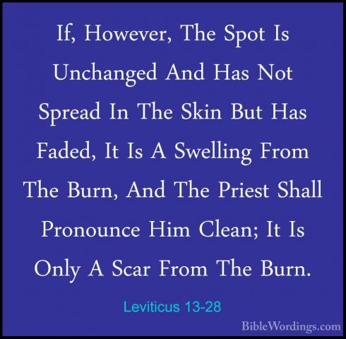 Leviticus 13-28 - If, However, The Spot Is Unchanged And Has NotIf, However, The Spot Is Unchanged And Has Not Spread In The Skin But Has Faded, It Is A Swelling From The Burn, And The Priest Shall Pronounce Him Clean; It Is Only A Scar From The Burn. 