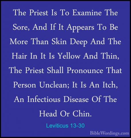 Leviticus 13-30 - The Priest Is To Examine The Sore, And If It ApThe Priest Is To Examine The Sore, And If It Appears To Be More Than Skin Deep And The Hair In It Is Yellow And Thin, The Priest Shall Pronounce That Person Unclean; It Is An Itch, An Infectious Disease Of The Head Or Chin. 