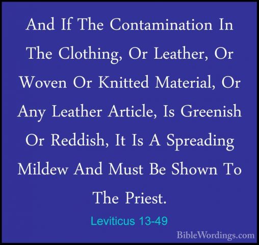 Leviticus 13-49 - And If The Contamination In The Clothing, Or LeAnd If The Contamination In The Clothing, Or Leather, Or Woven Or Knitted Material, Or Any Leather Article, Is Greenish Or Reddish, It Is A Spreading Mildew And Must Be Shown To The Priest. 