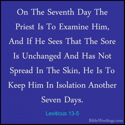 Leviticus 13-5 - On The Seventh Day The Priest Is To Examine Him,On The Seventh Day The Priest Is To Examine Him, And If He Sees That The Sore Is Unchanged And Has Not Spread In The Skin, He Is To Keep Him In Isolation Another Seven Days. 