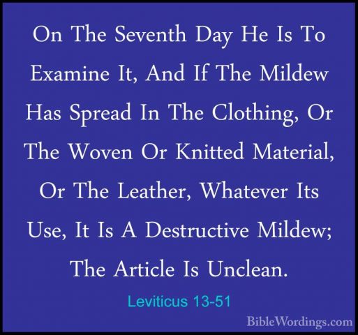 Leviticus 13-51 - On The Seventh Day He Is To Examine It, And IfOn The Seventh Day He Is To Examine It, And If The Mildew Has Spread In The Clothing, Or The Woven Or Knitted Material, Or The Leather, Whatever Its Use, It Is A Destructive Mildew; The Article Is Unclean. 