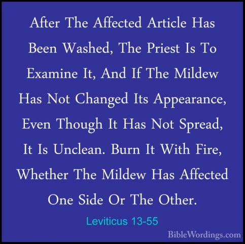 Leviticus 13-55 - After The Affected Article Has Been Washed, TheAfter The Affected Article Has Been Washed, The Priest Is To Examine It, And If The Mildew Has Not Changed Its Appearance, Even Though It Has Not Spread, It Is Unclean. Burn It With Fire, Whether The Mildew Has Affected One Side Or The Other. 