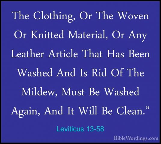 Leviticus 13-58 - The Clothing, Or The Woven Or Knitted Material,The Clothing, Or The Woven Or Knitted Material, Or Any Leather Article That Has Been Washed And Is Rid Of The Mildew, Must Be Washed Again, And It Will Be Clean." 