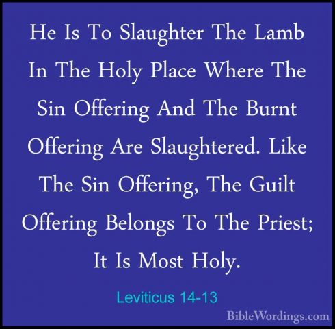 Leviticus 14-13 - He Is To Slaughter The Lamb In The Holy Place WHe Is To Slaughter The Lamb In The Holy Place Where The Sin Offering And The Burnt Offering Are Slaughtered. Like The Sin Offering, The Guilt Offering Belongs To The Priest; It Is Most Holy. 