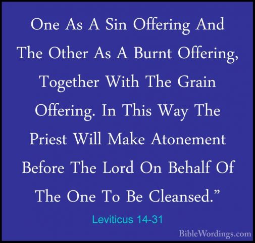 Leviticus 14-31 - One As A Sin Offering And The Other As A BurntOne As A Sin Offering And The Other As A Burnt Offering, Together With The Grain Offering. In This Way The Priest Will Make Atonement Before The Lord On Behalf Of The One To Be Cleansed." 