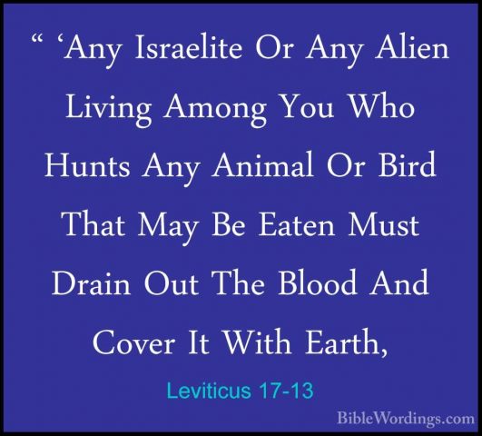 Leviticus 17-13 - " 'Any Israelite Or Any Alien Living Among You" 'Any Israelite Or Any Alien Living Among You Who Hunts Any Animal Or Bird That May Be Eaten Must Drain Out The Blood And Cover It With Earth, 