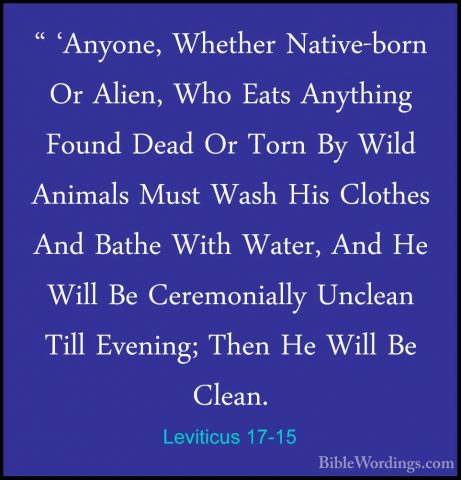 Leviticus 17-15 - " 'Anyone, Whether Native-born Or Alien, Who Ea" 'Anyone, Whether Native-born Or Alien, Who Eats Anything Found Dead Or Torn By Wild Animals Must Wash His Clothes And Bathe With Water, And He Will Be Ceremonially Unclean Till Evening; Then He Will Be Clean. 