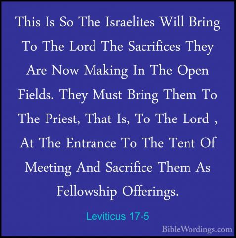 Leviticus 17-5 - This Is So The Israelites Will Bring To The LordThis Is So The Israelites Will Bring To The Lord The Sacrifices They Are Now Making In The Open Fields. They Must Bring Them To The Priest, That Is, To The Lord , At The Entrance To The Tent Of Meeting And Sacrifice Them As Fellowship Offerings. 