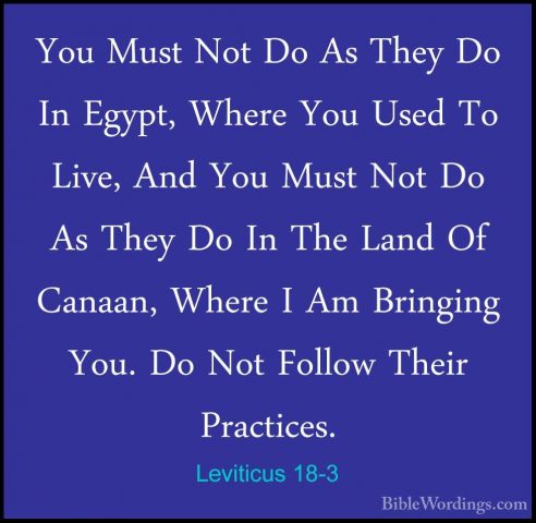 Leviticus 18-3 - You Must Not Do As They Do In Egypt, Where You UYou Must Not Do As They Do In Egypt, Where You Used To Live, And You Must Not Do As They Do In The Land Of Canaan, Where I Am Bringing You. Do Not Follow Their Practices. 