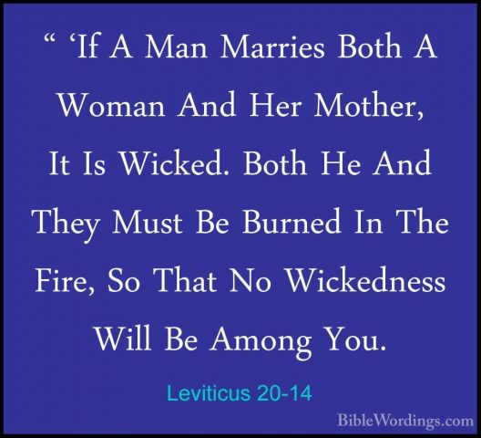 Leviticus 20-14 - " 'If A Man Marries Both A Woman And Her Mother" 'If A Man Marries Both A Woman And Her Mother, It Is Wicked. Both He And They Must Be Burned In The Fire, So That No Wickedness Will Be Among You. 
