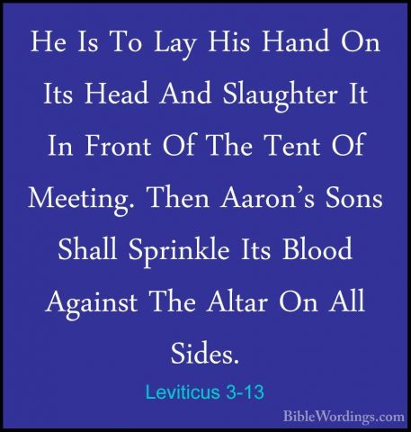 Leviticus 3-13 - He Is To Lay His Hand On Its Head And SlaughterHe Is To Lay His Hand On Its Head And Slaughter It In Front Of The Tent Of Meeting. Then Aaron's Sons Shall Sprinkle Its Blood Against The Altar On All Sides. 