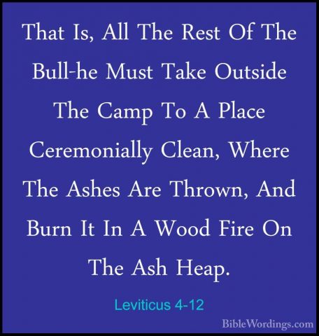 Leviticus 4-12 - That Is, All The Rest Of The Bull-he Must Take OThat Is, All The Rest Of The Bull-he Must Take Outside The Camp To A Place Ceremonially Clean, Where The Ashes Are Thrown, And Burn It In A Wood Fire On The Ash Heap. 