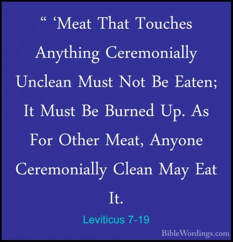 Leviticus 7-19 - " 'Meat That Touches Anything Ceremonially Uncle" 'Meat That Touches Anything Ceremonially Unclean Must Not Be Eaten; It Must Be Burned Up. As For Other Meat, Anyone Ceremonially Clean May Eat It. 