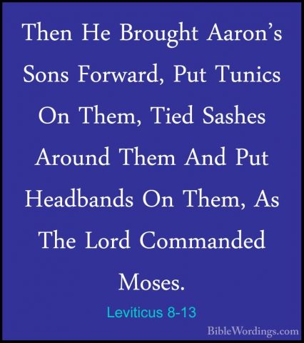 Leviticus 8-13 - Then He Brought Aaron's Sons Forward, Put TunicsThen He Brought Aaron's Sons Forward, Put Tunics On Them, Tied Sashes Around Them And Put Headbands On Them, As The Lord Commanded Moses. 