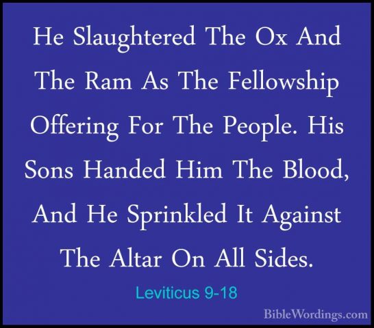 Leviticus 9-18 - He Slaughtered The Ox And The Ram As The FellowsHe Slaughtered The Ox And The Ram As The Fellowship Offering For The People. His Sons Handed Him The Blood, And He Sprinkled It Against The Altar On All Sides. 