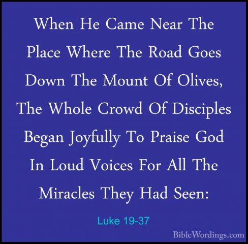 Luke 19-37 - When He Came Near The Place Where The Road Goes DownWhen He Came Near The Place Where The Road Goes Down The Mount Of Olives, The Whole Crowd Of Disciples Began Joyfully To Praise God In Loud Voices For All The Miracles They Had Seen: 