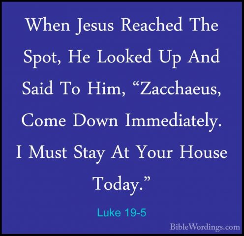 Luke 19-5 - When Jesus Reached The Spot, He Looked Up And Said ToWhen Jesus Reached The Spot, He Looked Up And Said To Him, "Zacchaeus, Come Down Immediately. I Must Stay At Your House Today." 