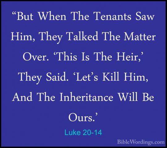 Luke 20-14 - "But When The Tenants Saw Him, They Talked The Matte"But When The Tenants Saw Him, They Talked The Matter Over. 'This Is The Heir,' They Said. 'Let's Kill Him, And The Inheritance Will Be Ours.' 