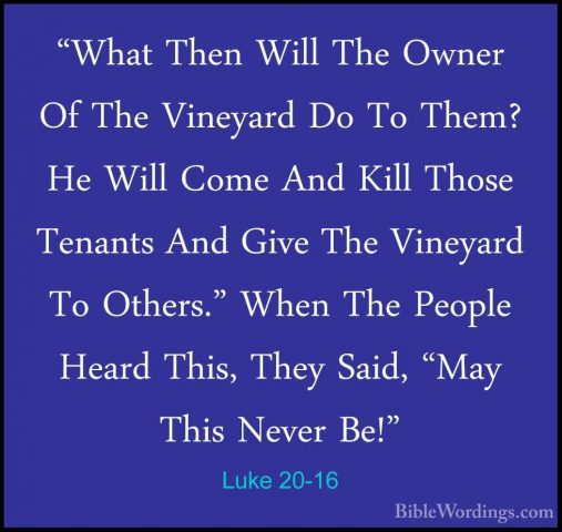 Luke 20-16 - "What Then Will The Owner Of The Vineyard Do To Them"What Then Will The Owner Of The Vineyard Do To Them? He Will Come And Kill Those Tenants And Give The Vineyard To Others." When The People Heard This, They Said, "May This Never Be!" 