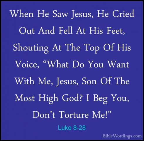 Luke 8-28 - When He Saw Jesus, He Cried Out And Fell At His Feet,When He Saw Jesus, He Cried Out And Fell At His Feet, Shouting At The Top Of His Voice, "What Do You Want With Me, Jesus, Son Of The Most High God? I Beg You, Don't Torture Me!" 