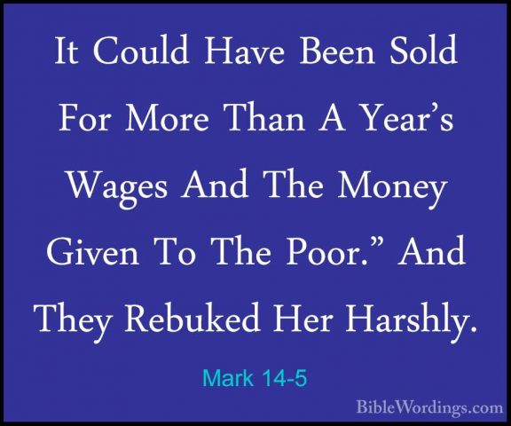 Mark 14-5 - It Could Have Been Sold For More Than A Year's WagesIt Could Have Been Sold For More Than A Year's Wages And The Money Given To The Poor." And They Rebuked Her Harshly. 