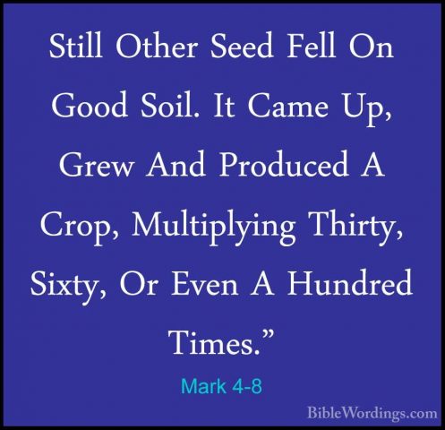 Mark 4-8 - Still Other Seed Fell On Good Soil. It Came Up, Grew AStill Other Seed Fell On Good Soil. It Came Up, Grew And Produced A Crop, Multiplying Thirty, Sixty, Or Even A Hundred Times." 