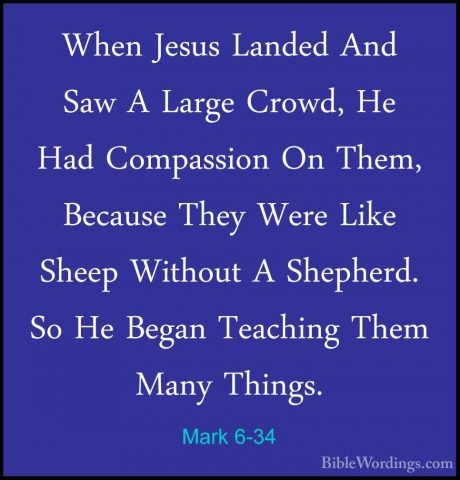 Mark 6-34 - When Jesus Landed And Saw A Large Crowd, He Had CompaWhen Jesus Landed And Saw A Large Crowd, He Had Compassion On Them, Because They Were Like Sheep Without A Shepherd. So He Began Teaching Them Many Things. 