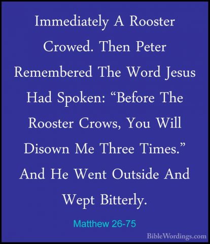 Matthew 26-75 - Immediately A Rooster Crowed. Then Peter RememberImmediately A Rooster Crowed. Then Peter Remembered The Word Jesus Had Spoken: "Before The Rooster Crows, You Will Disown Me Three Times." And He Went Outside And Wept Bitterly.