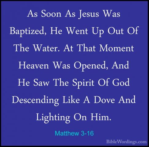 Matthew 3-16 - As Soon As Jesus Was Baptized, He Went Up Out Of TAs Soon As Jesus Was Baptized, He Went Up Out Of The Water. At That Moment Heaven Was Opened, And He Saw The Spirit Of God Descending Like A Dove And Lighting On Him. 
