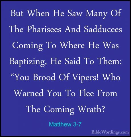 Matthew 3-7 - But When He Saw Many Of The Pharisees And SadduceesBut When He Saw Many Of The Pharisees And Sadducees Coming To Where He Was Baptizing, He Said To Them: "You Brood Of Vipers! Who Warned You To Flee From The Coming Wrath? 