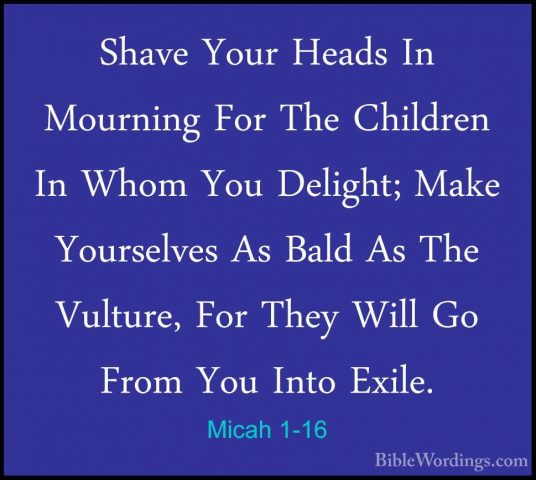 Micah 1-16 - Shave Your Heads In Mourning For The Children In WhoShave Your Heads In Mourning For The Children In Whom You Delight; Make Yourselves As Bald As The Vulture, For They Will Go From You Into Exile.
