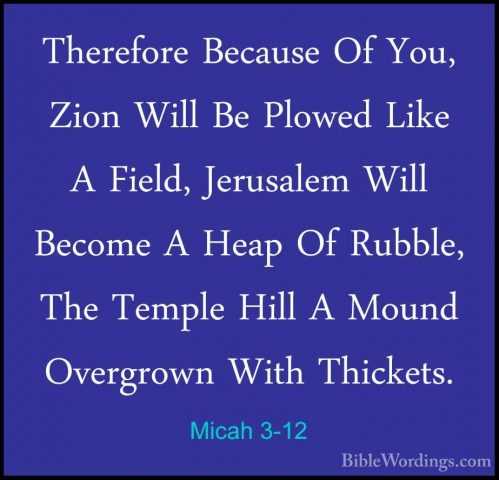 Micah 3-12 - Therefore Because Of You, Zion Will Be Plowed Like ATherefore Because Of You, Zion Will Be Plowed Like A Field, Jerusalem Will Become A Heap Of Rubble, The Temple Hill A Mound Overgrown With Thickets.
