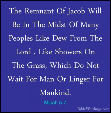 Micah 5-7 - The Remnant Of Jacob Will Be In The Midst Of Many PeoThe Remnant Of Jacob Will Be In The Midst Of Many Peoples Like Dew From The Lord , Like Showers On The Grass, Which Do Not Wait For Man Or Linger For Mankind. 